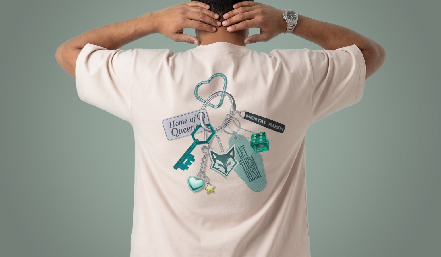 T-shirt Home of Queens Mental Rush écru porté de dos, trousseau imprimé en grand